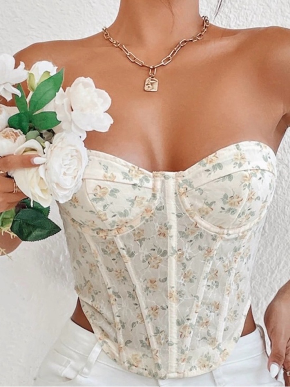 Commense Floral‎ Corset Top Lace Up Back Strapless Bustier Size L